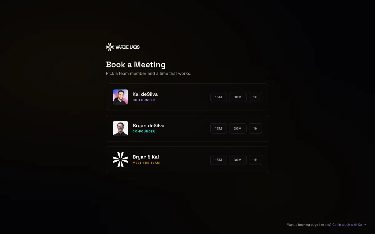 Varde Booking picker: choose Kai, Bryan, or both, and a meeting length