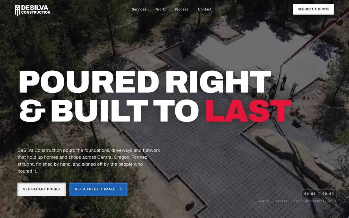 deSilva Construction homepage hero, an aerial photo of a fresh concrete pour