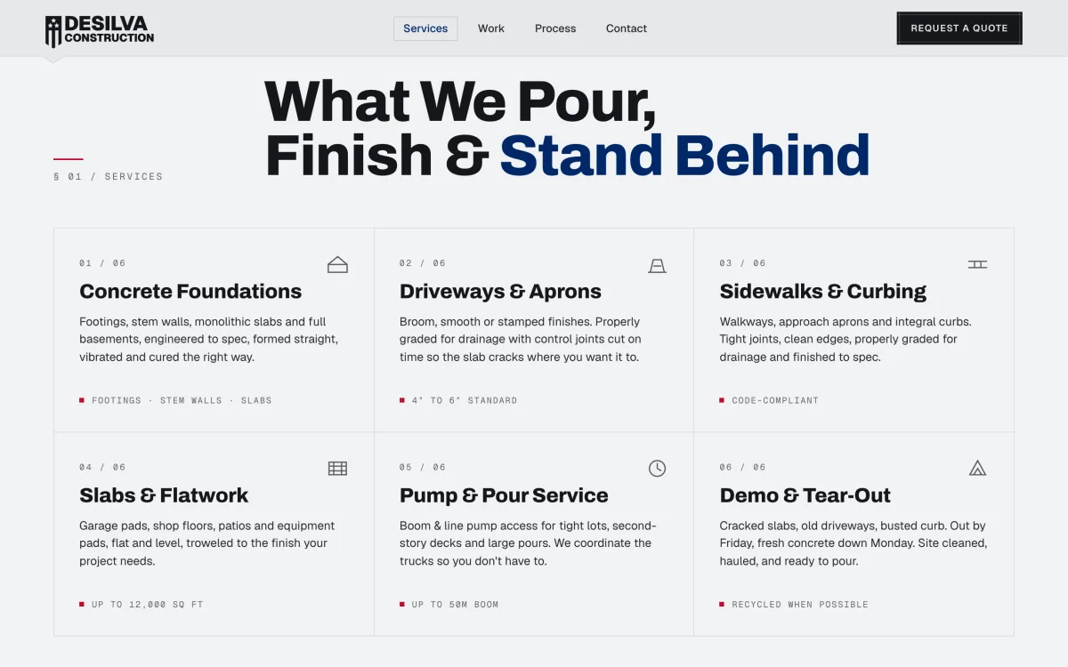deSilva services grid: foundations, driveways, sidewalks, slabs, pump and pour, demo