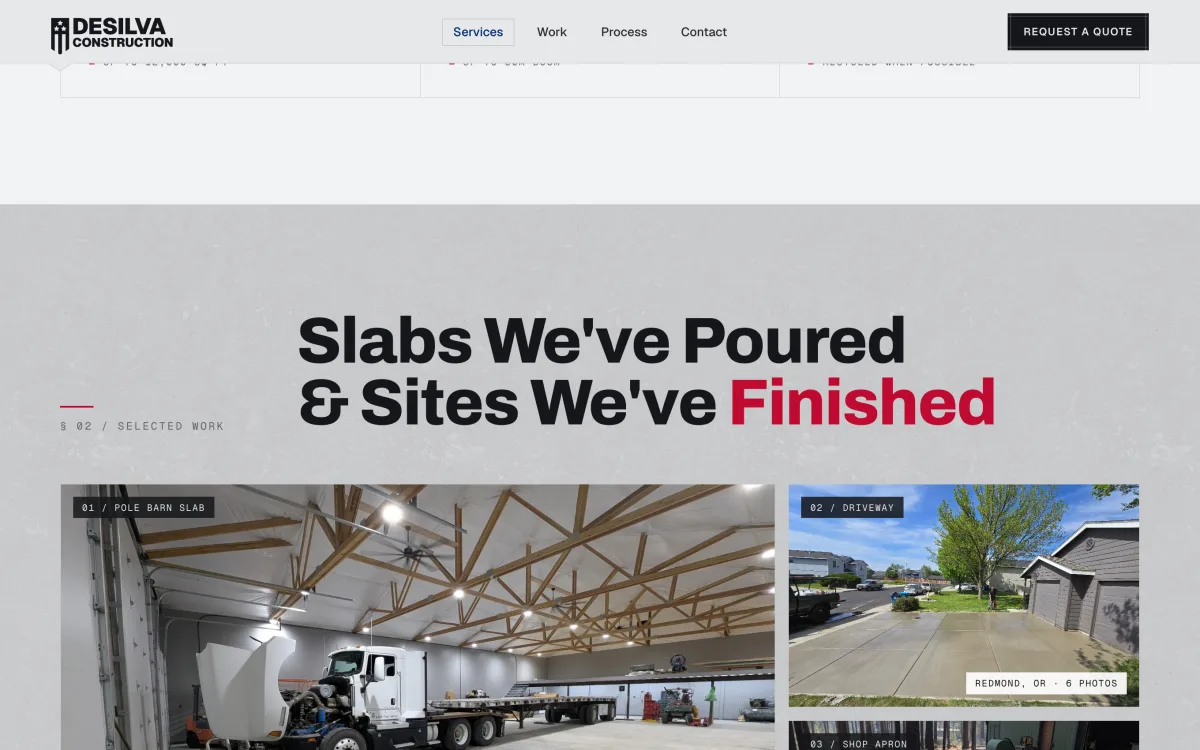 deSilva selected-work gallery showing a pole-barn slab and a finished driveway