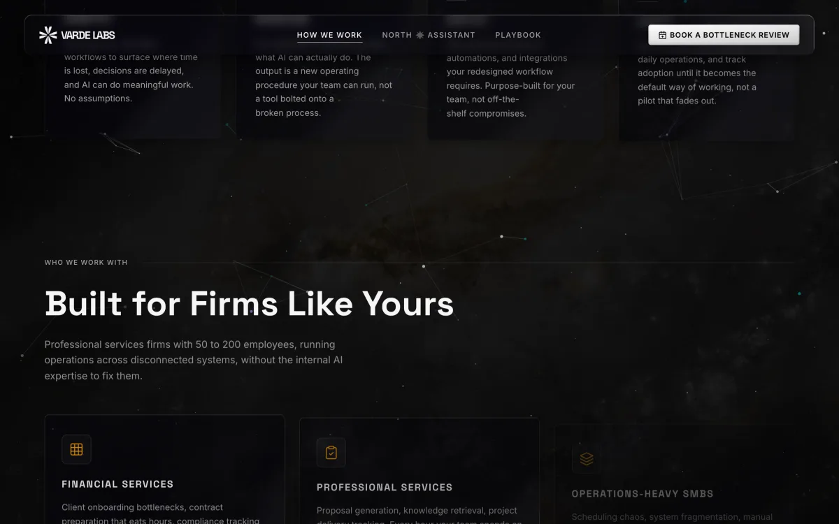 Varde Labs “Built for Firms Like Yours” section with industry cards over the nebula
