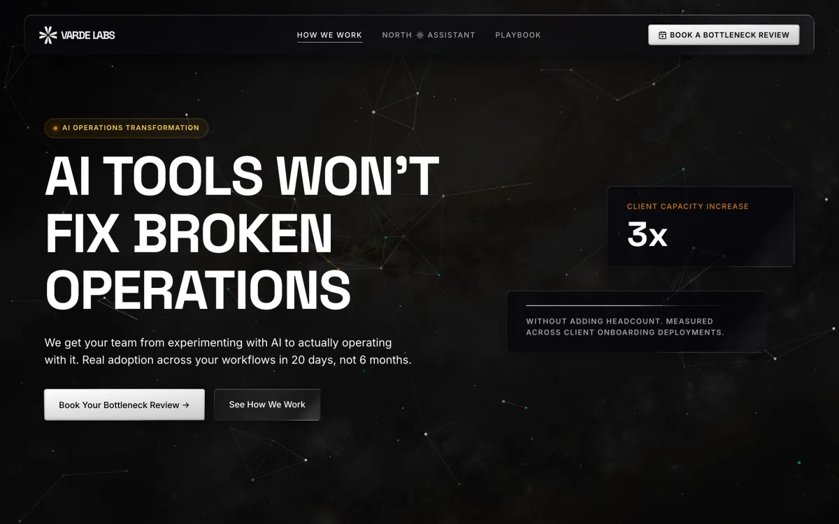 Varde Labs homepage hero: “AI Tools Won’t Fix Broken Operations” over a dark constellation field